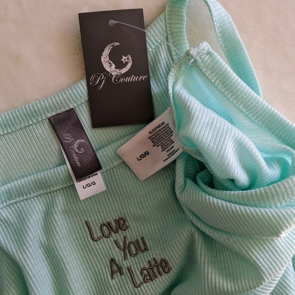 Pj Couture Love You A Latte Coffee PJ Set Sleeveless Top Shorts Aqua L NWT - Picture 5 of 9